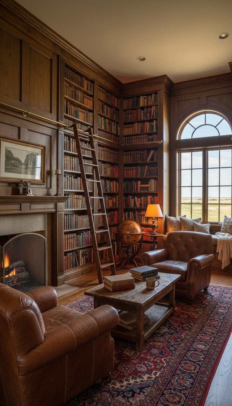 ranch mansion - Floor-to-Ceiling Bookshelves Command Attention - These floor-to-ceiling bookshelves command attention, packed tight with...