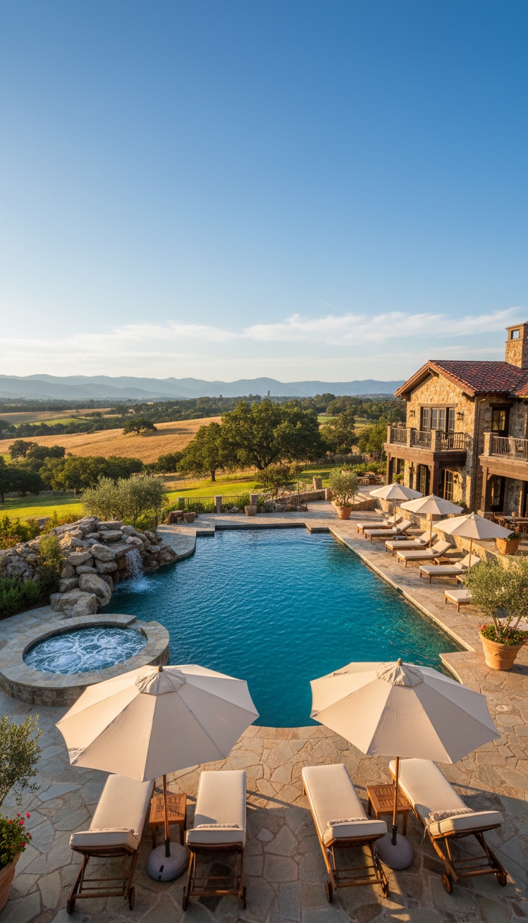 ranch mansion - Pool Shimmers, Lounge Chairs Invite - The pool shimmers, reflecting the clear sky. Lounge...