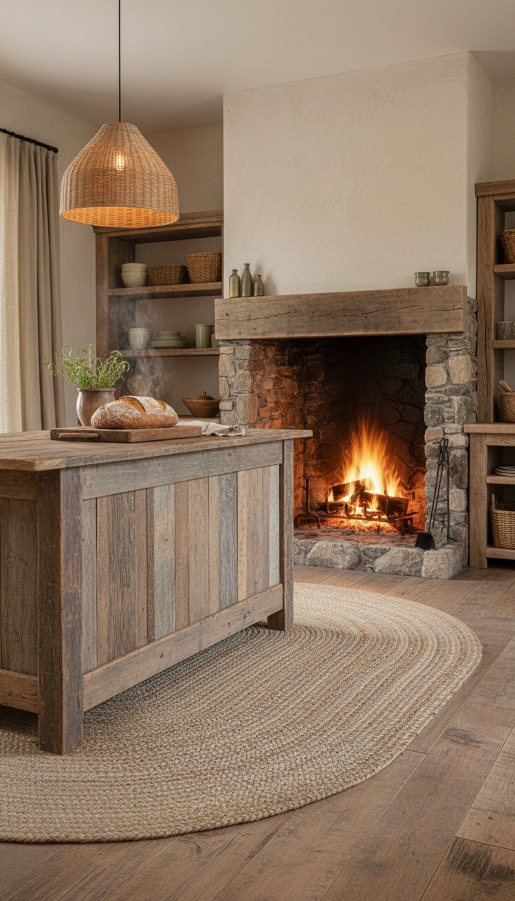 warm neutral kitchen - Rustic Neutral Kitchen Warmth - The reclaimed wood island sits dead center in...