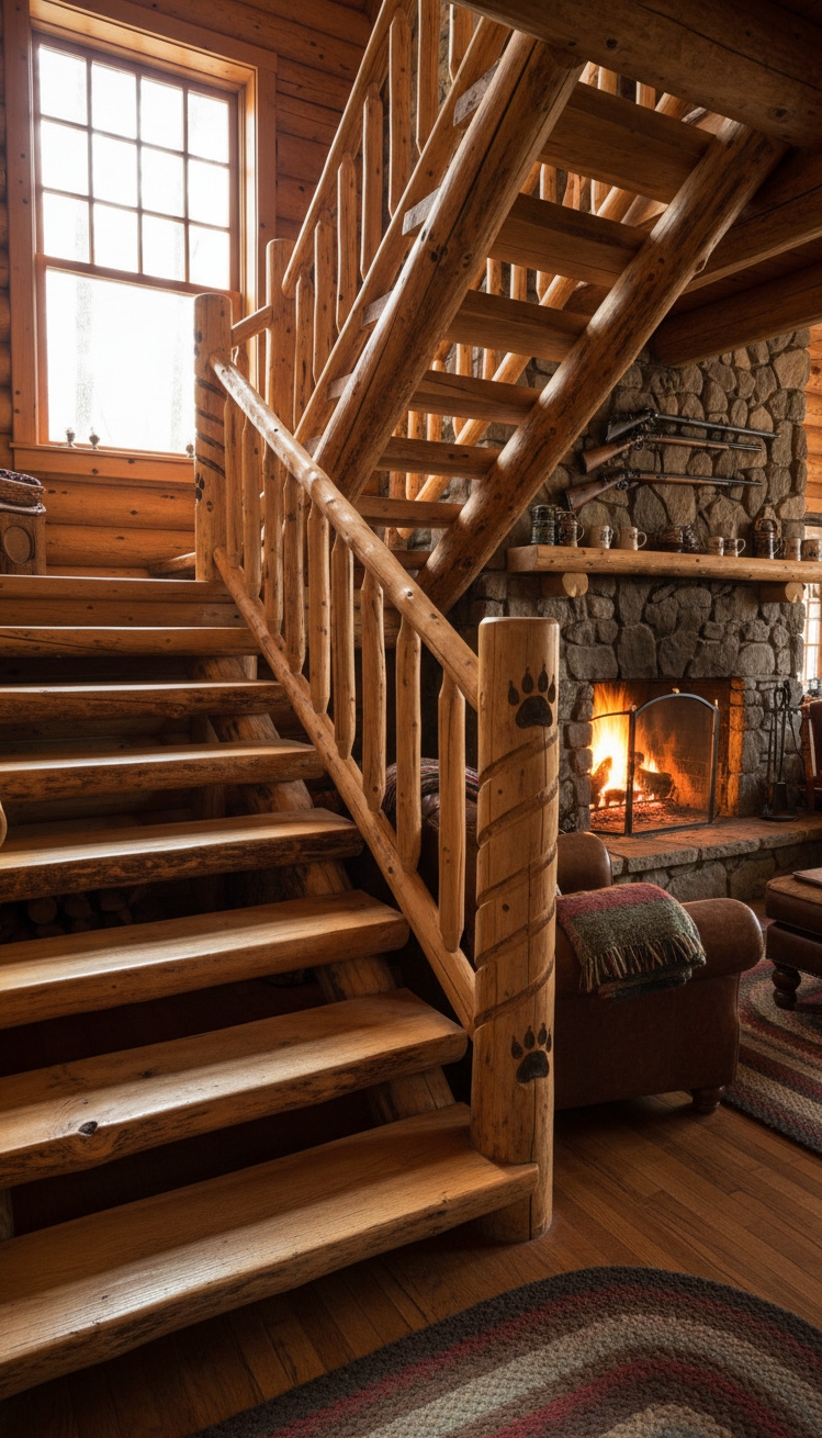 wooden staircase design - Wooden Stair Design: Rustic Warmth - These wooden stairs rise in a cabin, crafted...