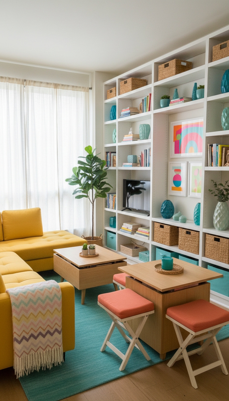 Condo living room - Condo Living Room: Bright, Organized Design - These open shelves create a light, airy feel....