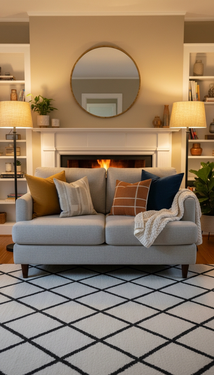 Light Grey Couch Living Room Ideas - Light Grey Couch: Cozy Living Looks - These patterned throw pillows invite you to sink...