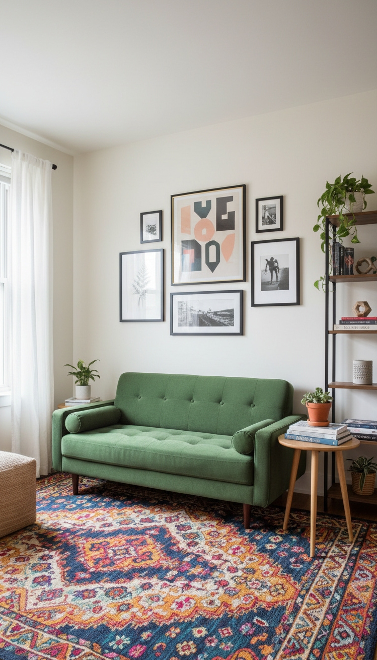 green living room - Green Loveseats: Small Room Design - The green loveseat anchors this small living room,...