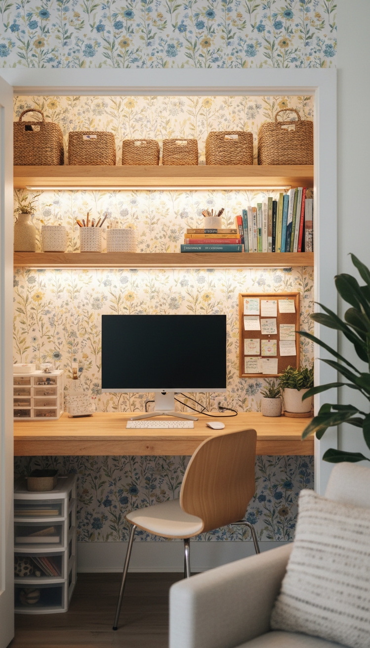 women's home office ideas - Floral Wallpaper Makes Tiny Office Sing - The floral wallpaper makes this tiny office sing....
