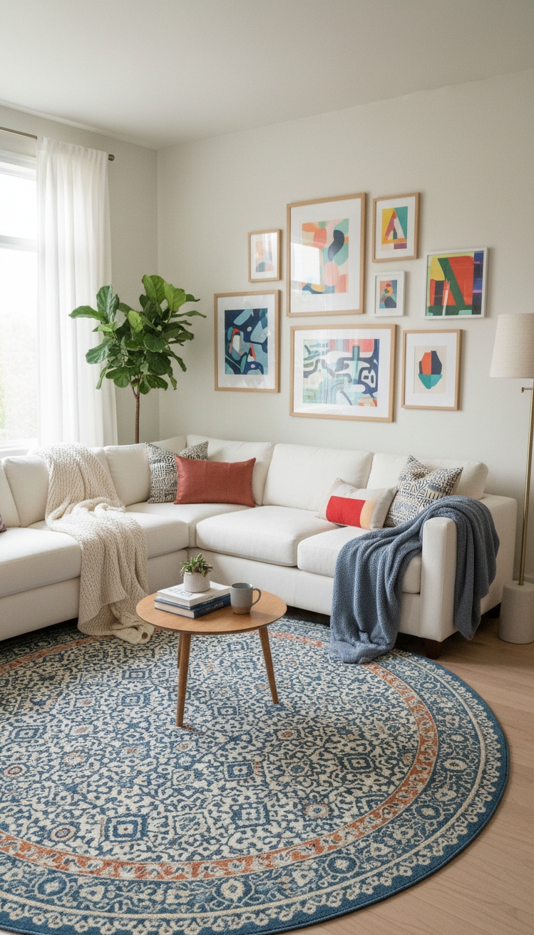 white living room - White Living Room: Artful, Cozy Style - The sectional sofa anchors this small, white living...