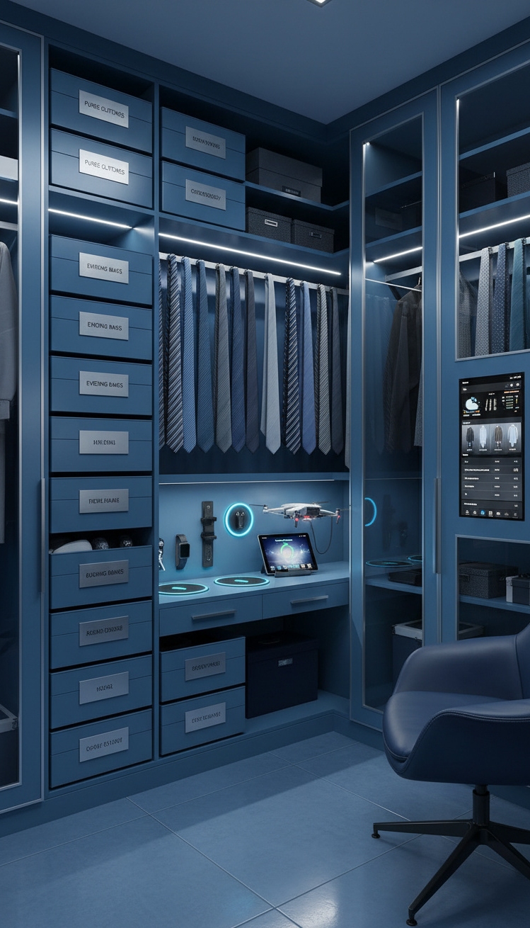 bedroom closet organization - Modern Blue LED Closet - Those printed labels on the purse bins grab...