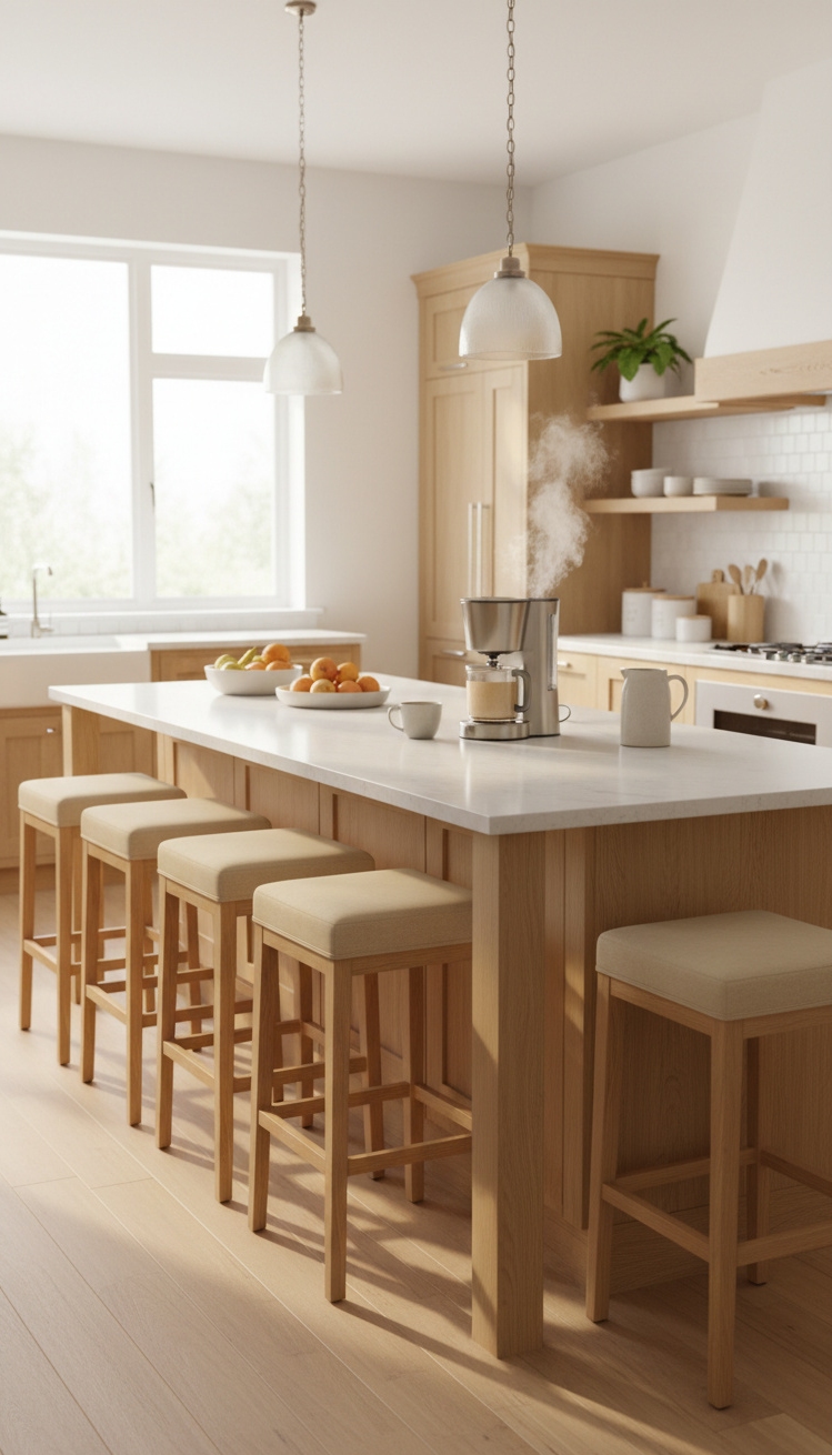 warm neutral kitchen - Light Oak Quartz Kitchen - The light oak kitchen island takes center stage....