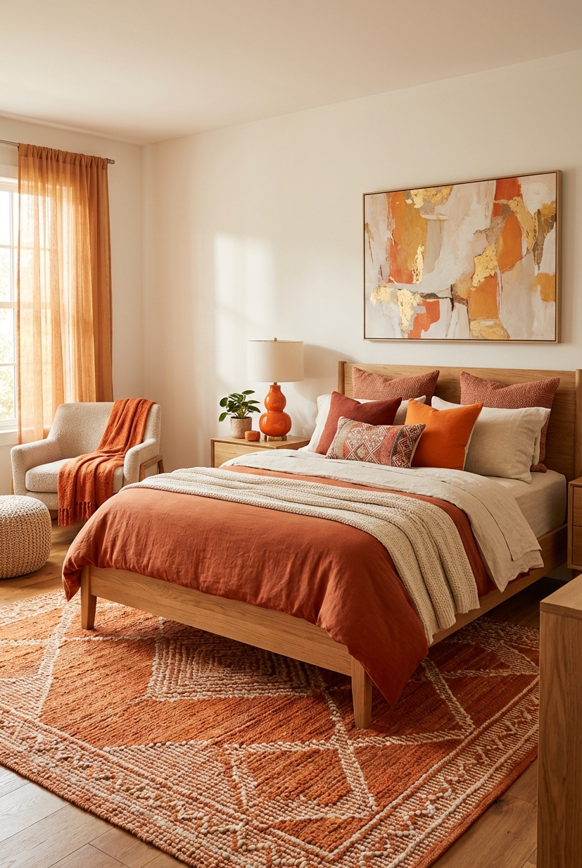 21 Ways to Design Orange Bedrooms - Orange Textiles Make Room Glow - These orange textiles really make the room glow....