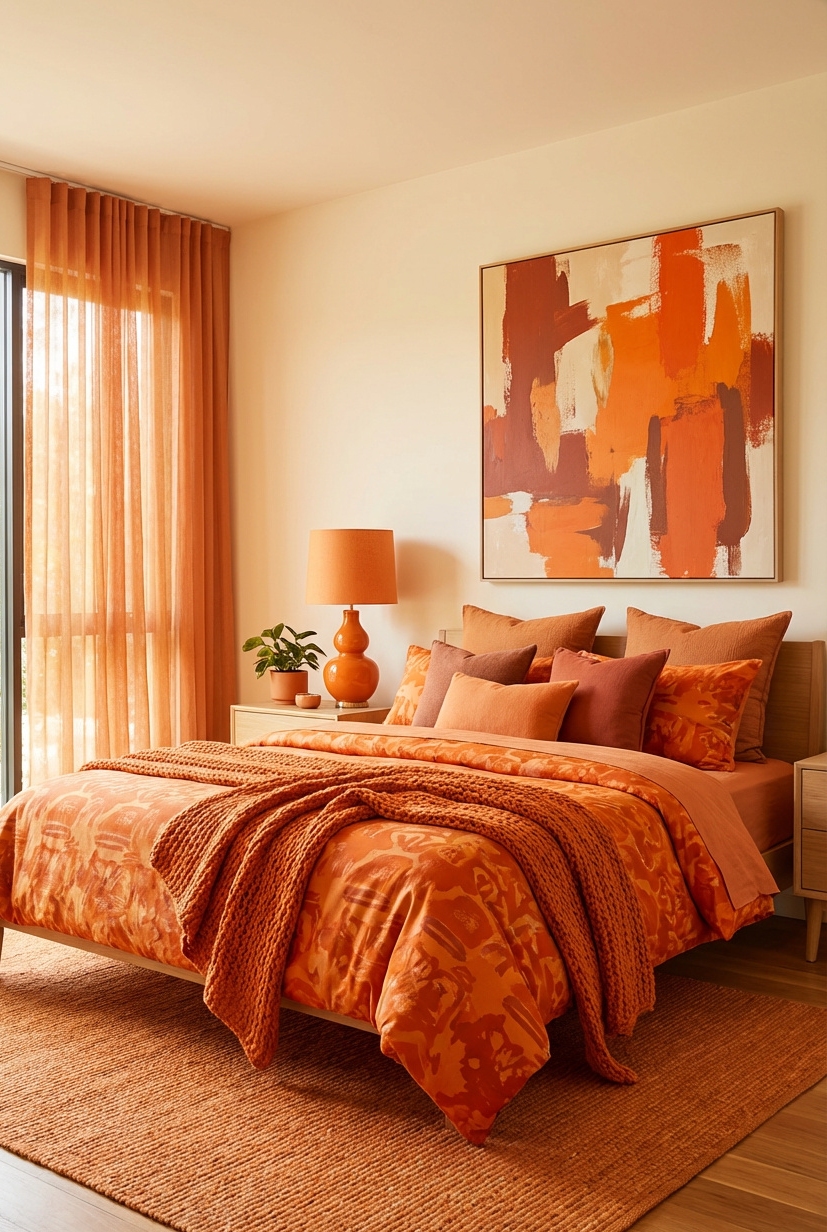 21 Ways to Design Orange Bedrooms - Warm Orange Walls Just Glow - These warm orange walls just glow. The rustic...