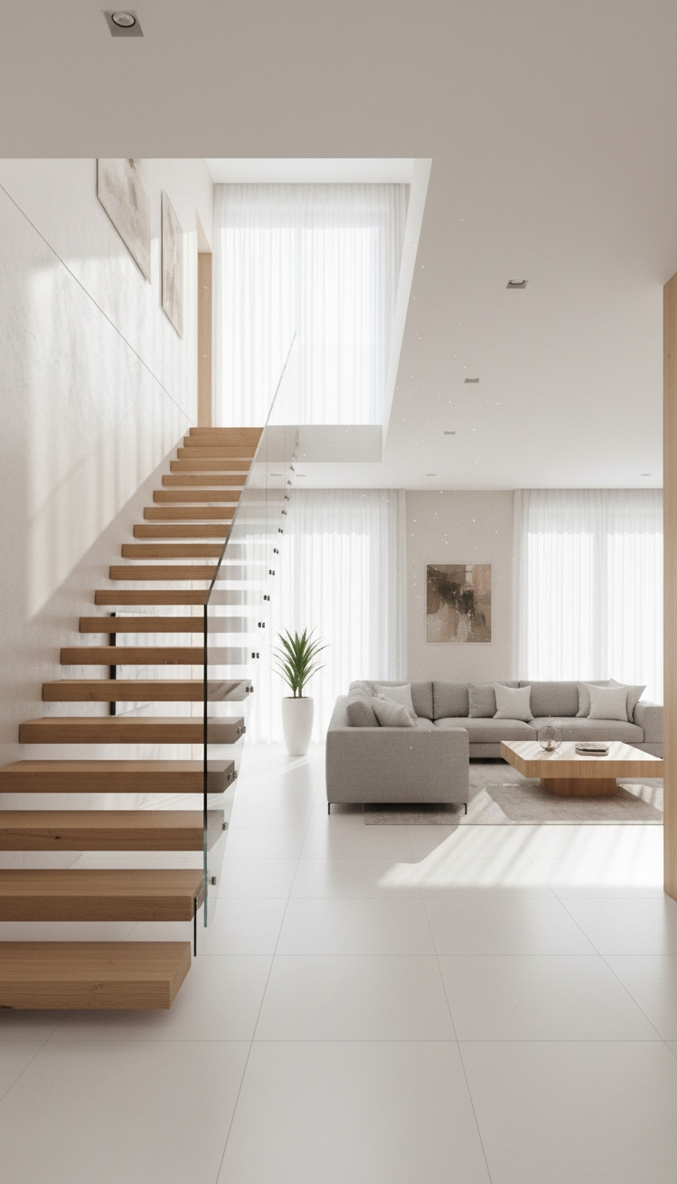 wooden staircase design - Floating Wood Stairs: Light and Airy - These floating stairs are the star. Light bounces...