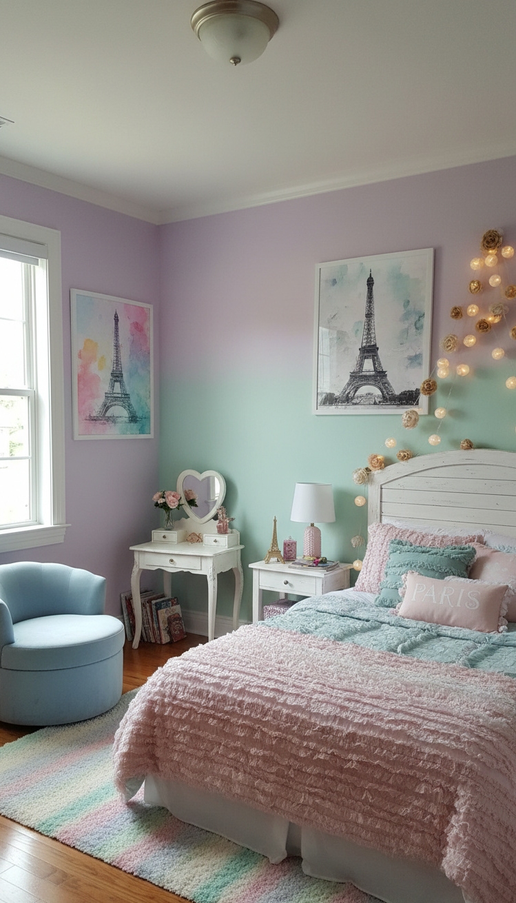 french bedroom aesthetic - French Bedroom: Pastel & Playful Design - The string lights cast a warm glow, like...