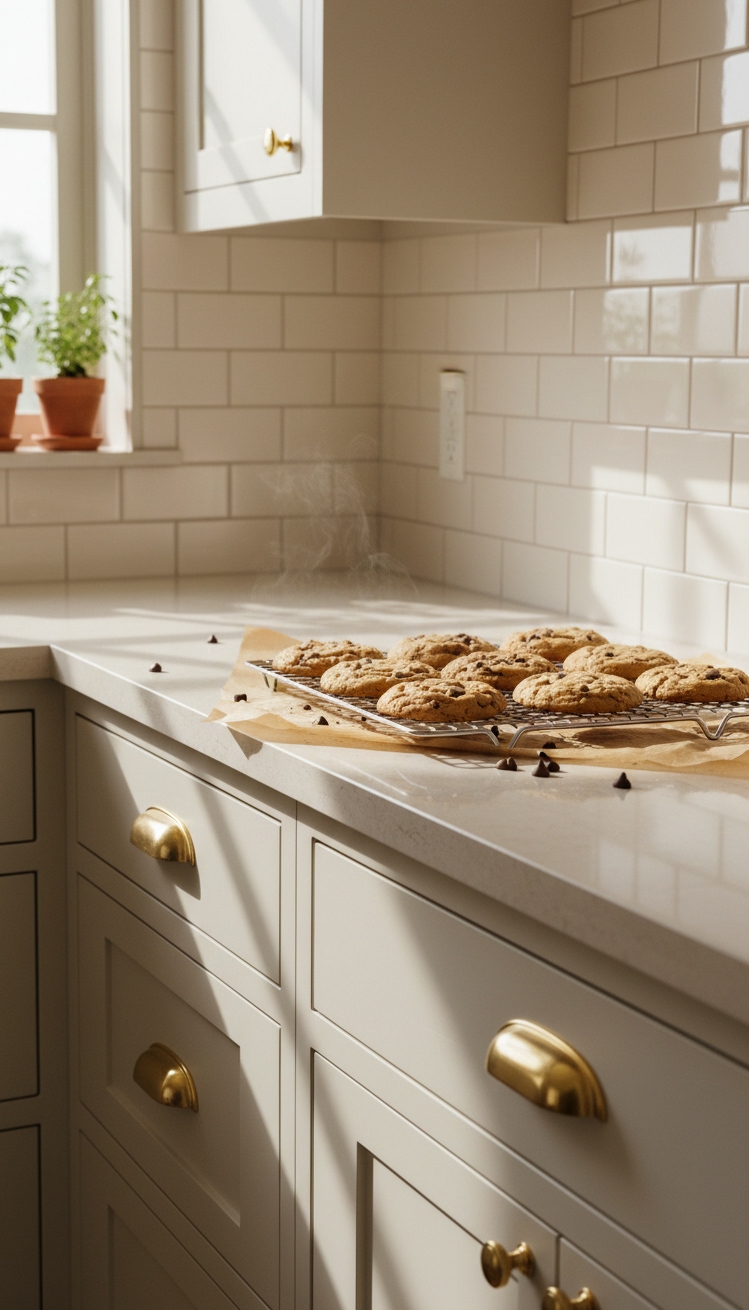 warm neutral kitchen - Sunlit Warm Neutral Kitchen - The cream subway tile backsplash gleams under soft...