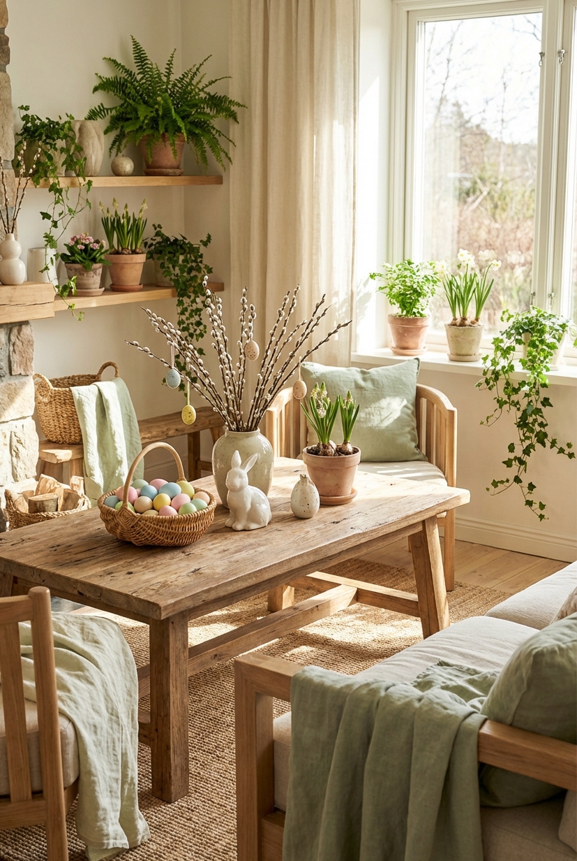 21 Ways to Decorate for Easter in 2026 - Woven Baskets Overflow with Dyed Eggs - These woven baskets overflow with dyed eggs, nestled...