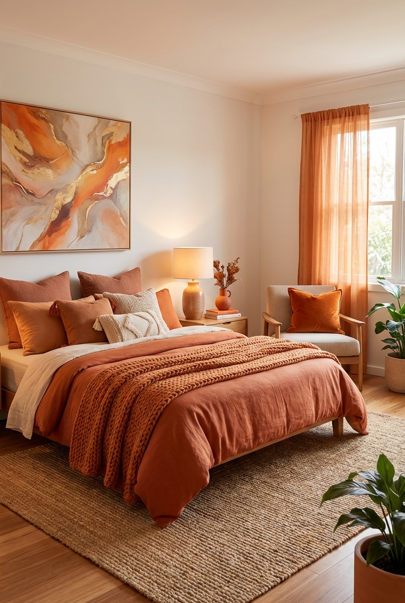 21 Ways to Design Orange Bedrooms - Patterned Textiles Bring Orange Room Life - These patterned textiles really bring the room to...