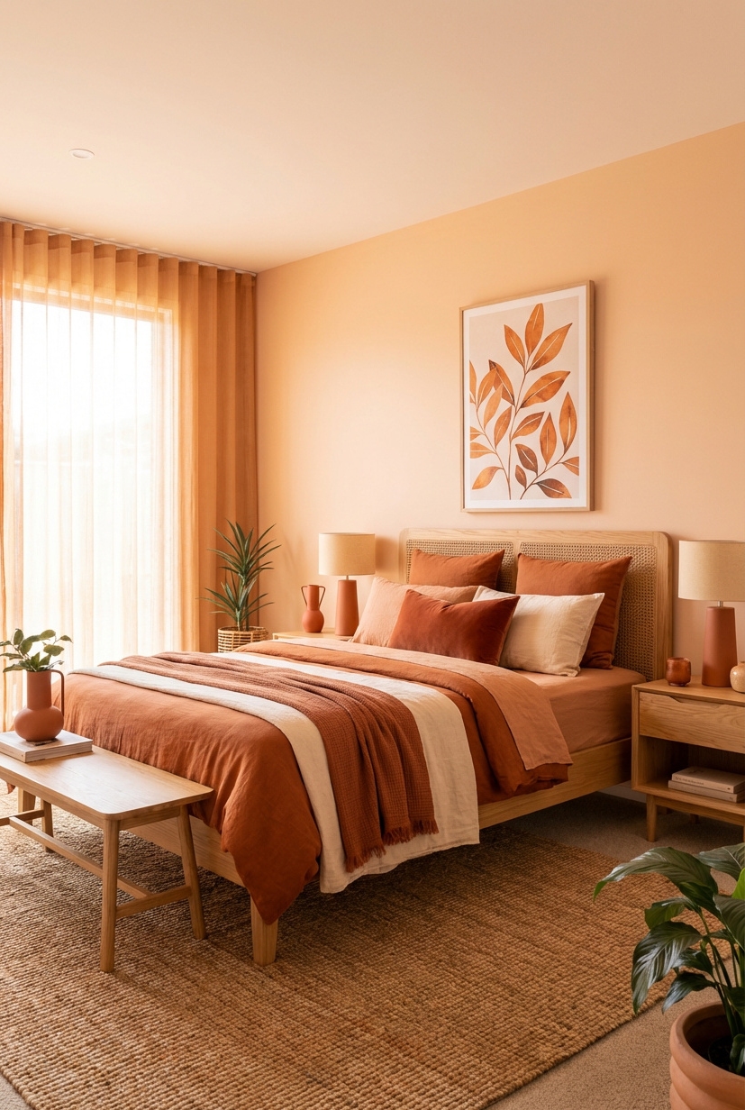 21 Ways to Design Orange Bedrooms - Apricot Drapes: Soft Bedroom Light - These linen drapes, splashed with a muted apricot...