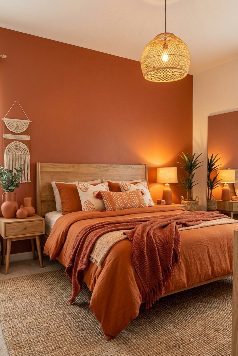 21 Ways to Design Orange Bedrooms - Orange Curtains Bring Warm Room Glow - These orange curtains bring a warm glow to...