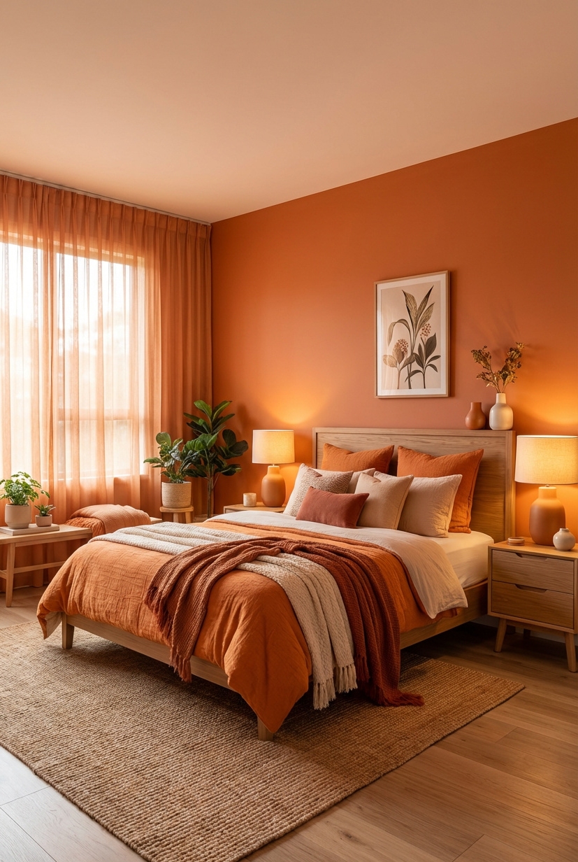21 Ways to Design Orange Bedrooms - Soft Apricot Walls Show Warmth - These walls show a soft apricot hue, casting...