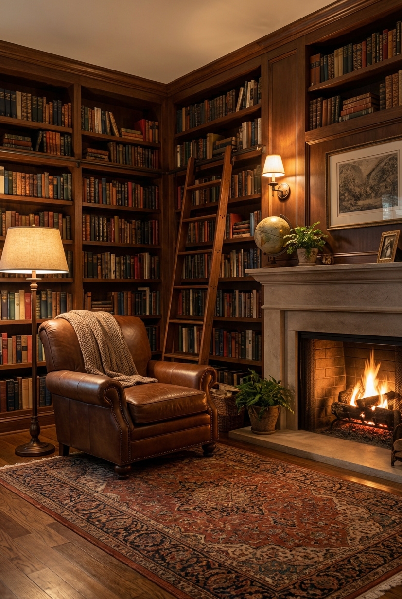 22 Ways to Design Your Dream Home Library - Warm Wood Shelves Create Cozy Library - These built-in shelves create a cozy home library....