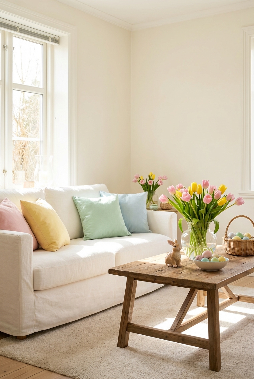 21 Ways to Decorate for Easter in 2026 - Woven With Baskets - These woven baskets overflow with dyed eggs in...