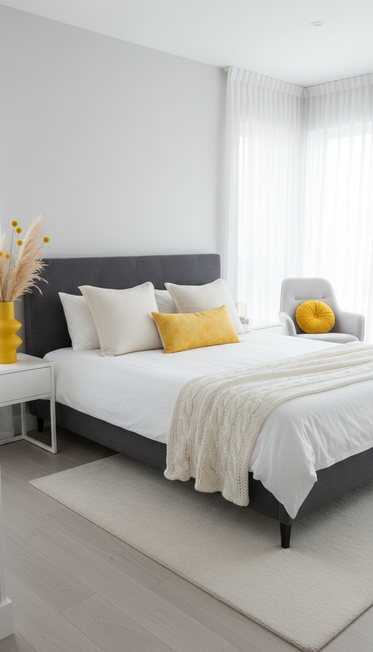 white and gray bedroom - Yellow Throw Pillows Grab Attention - These yellow throw pillows really grab your attention....