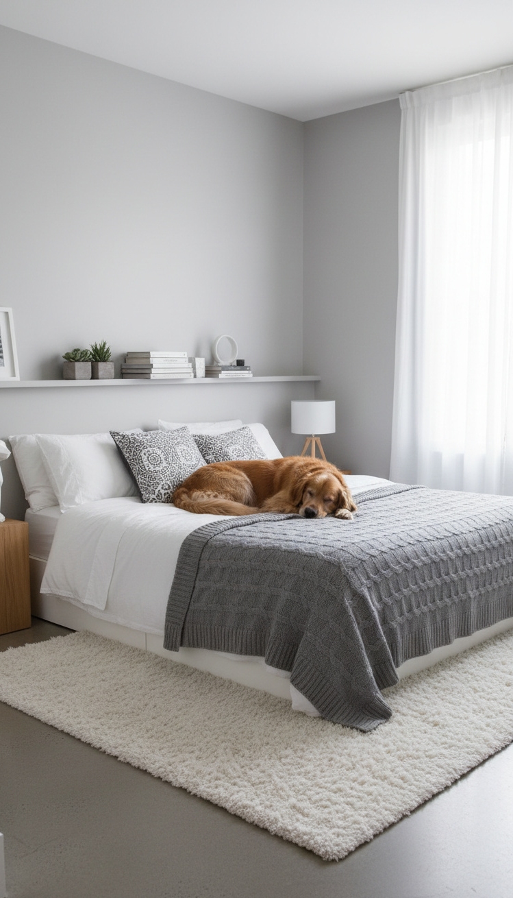 white and gray bedroom - Soft Walls Create Restful Atmosphere - These soft, gray walls create a restful atmosphere....
