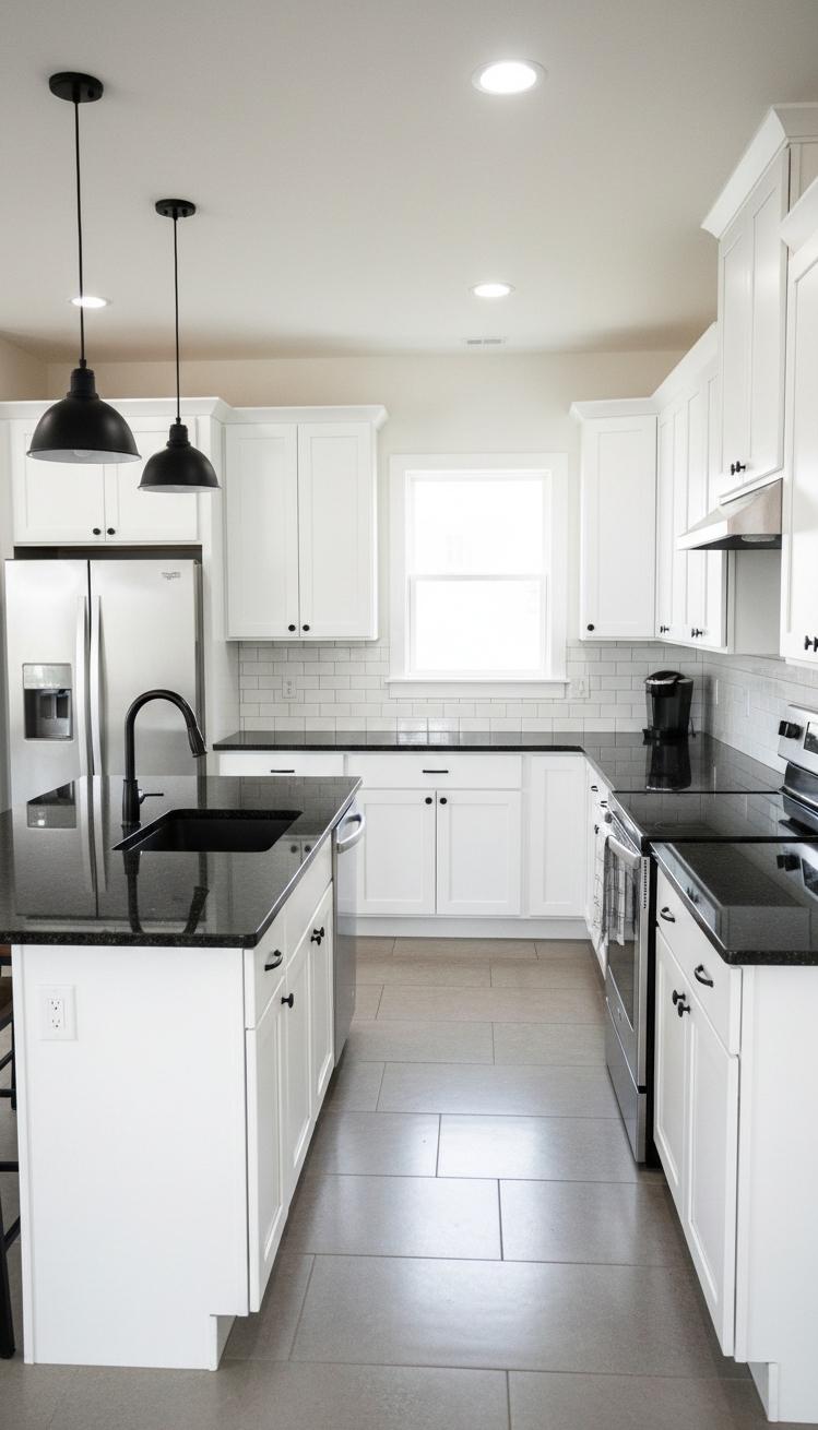 white kitchens with black countertops - White Kitchens: The Drama of Black - white kitchens with black countertops - These glossy black countertops look so smooth you...