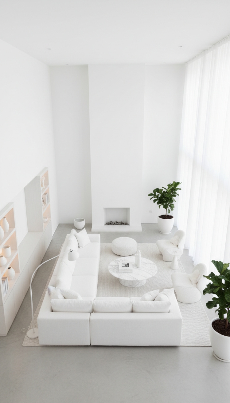 white living room - Bright White Living Room Design - These wide plank floors practically gleam under the...