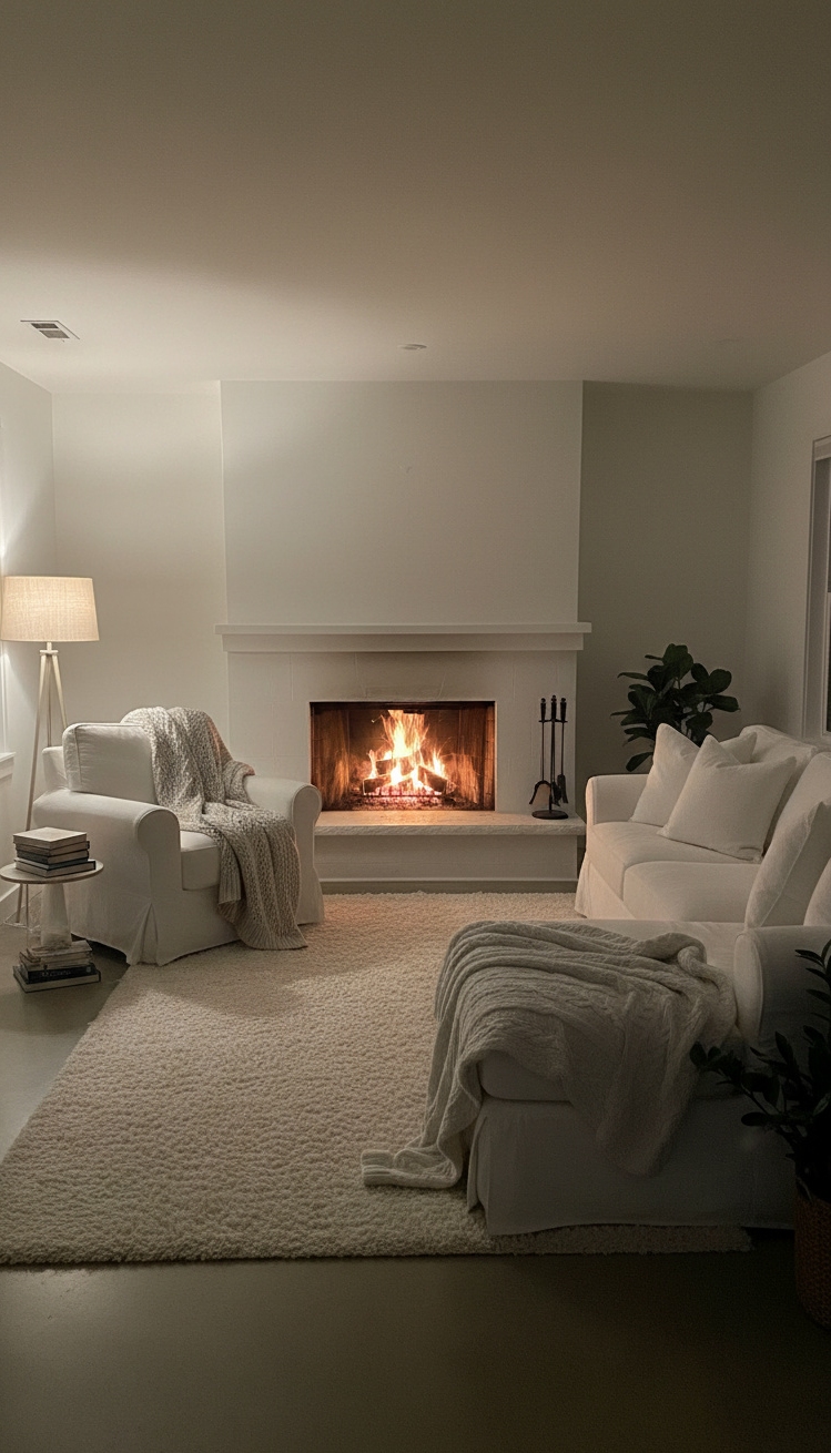 white living room - White Living Room: Nighttime Glow - The glowing fireplace grabs your eye first. It...