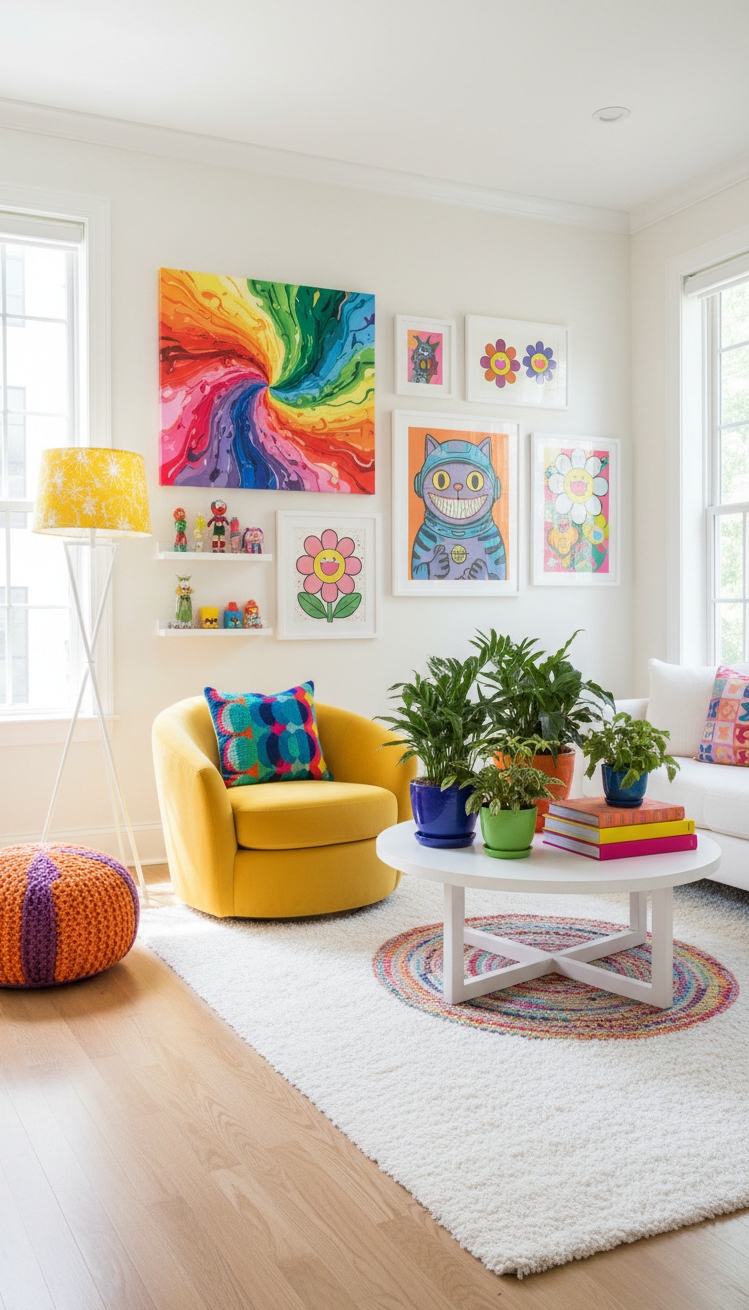 white living room - White Living Room: Color Accents - The bright yellow armchair grabs your attention right...