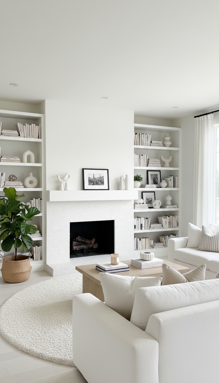 white living room - White Living Room: Books & Fire - These built-in bookshelves create a focal point, drawing...
