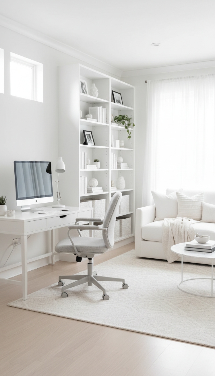 white living room - White Living Room: Office Nook Done Right - These white walls feel crisp and airy, reflecting...