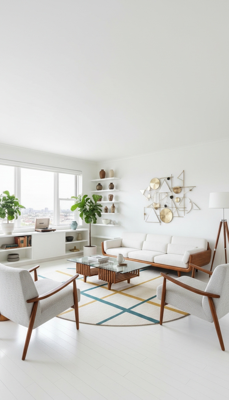 white living room - White Living Room: Mid-Century Style - These linen drapes pool slightly on the floor,...