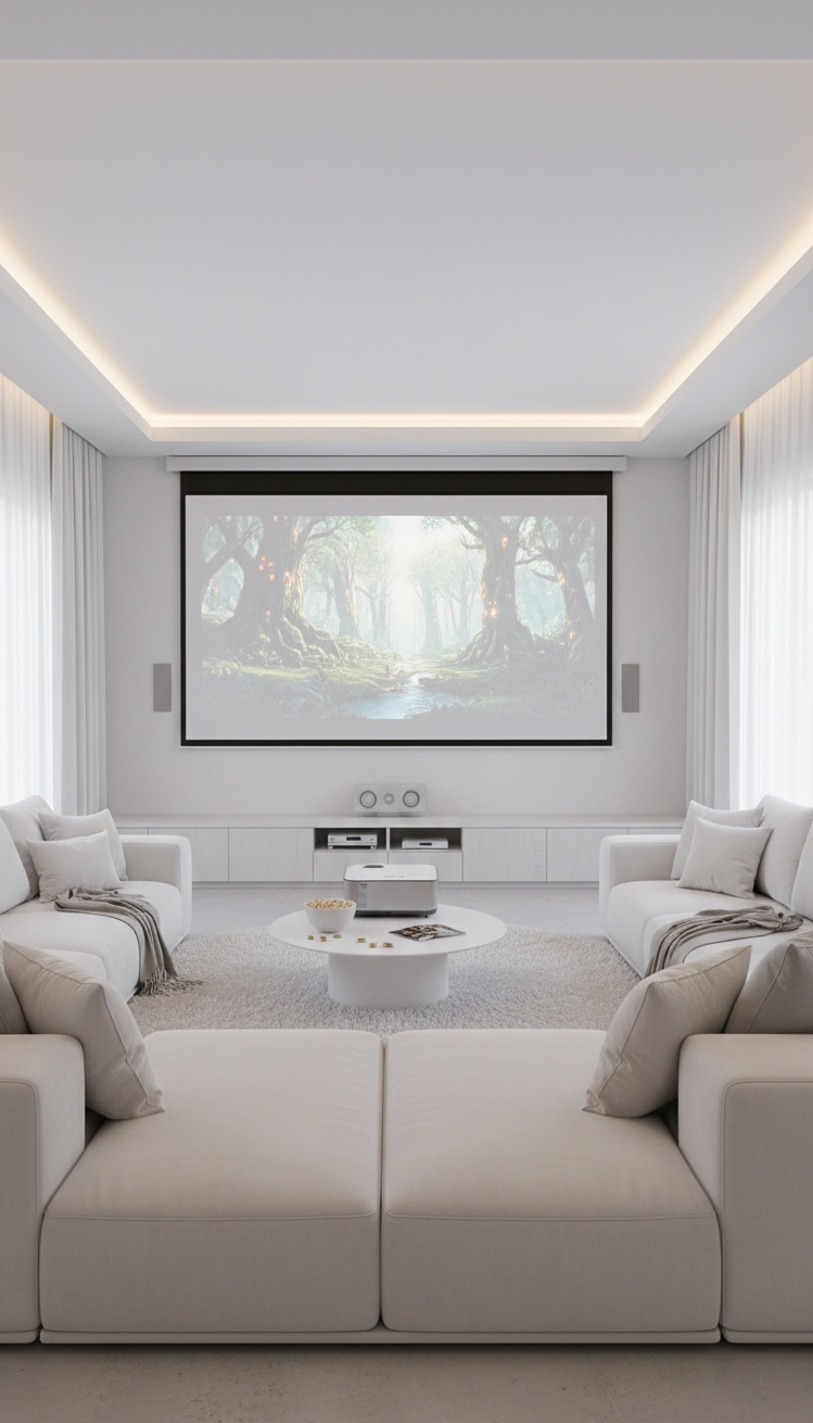white living room - White Living Room: Home Theater Style - These creamy white walls create a calm backdrop...