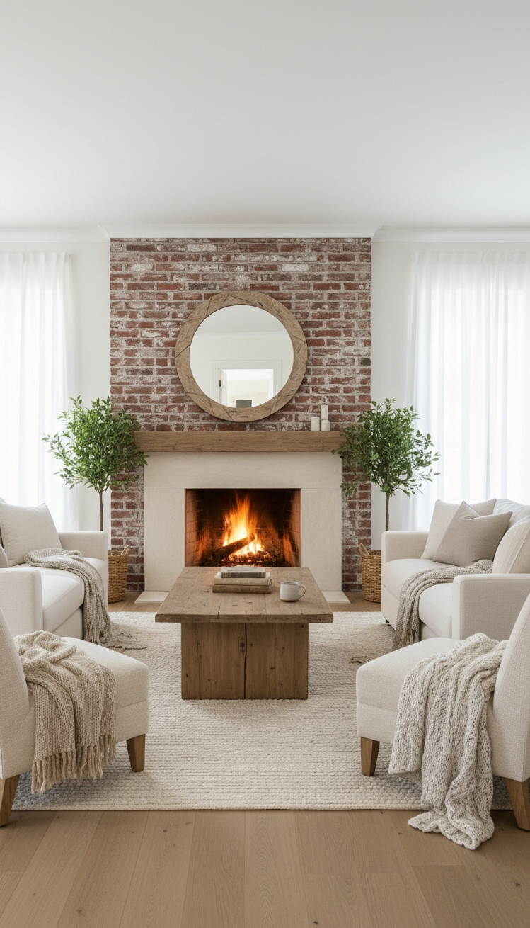 white living room - Rustic White Living Room Designs - These exposed brick walls bring texture and warmth....