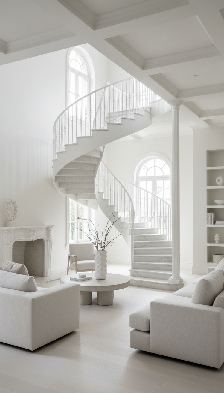 white living room - White Living Room: Spiral Stair Focus - The spiral staircase commands attention, twisting upward like...