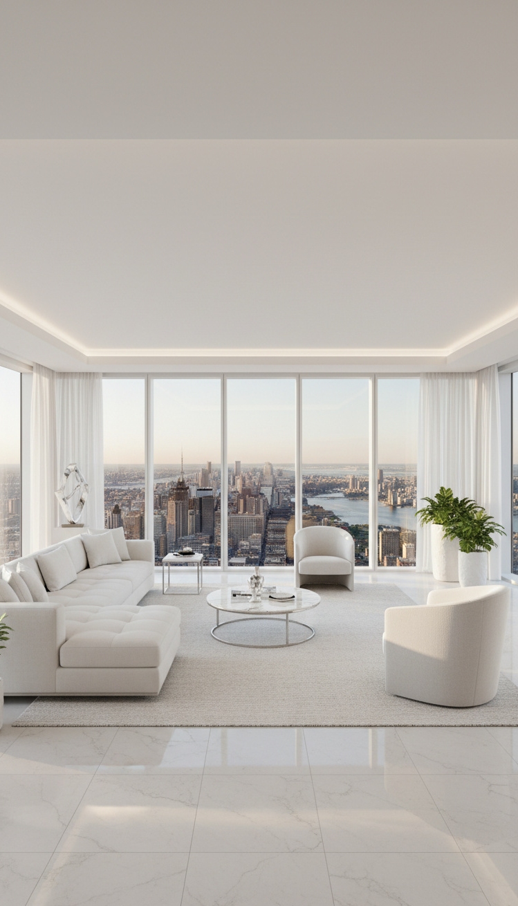 white living room - White Living Room, City View - These floor-to-ceiling windows steal the show. They flood...