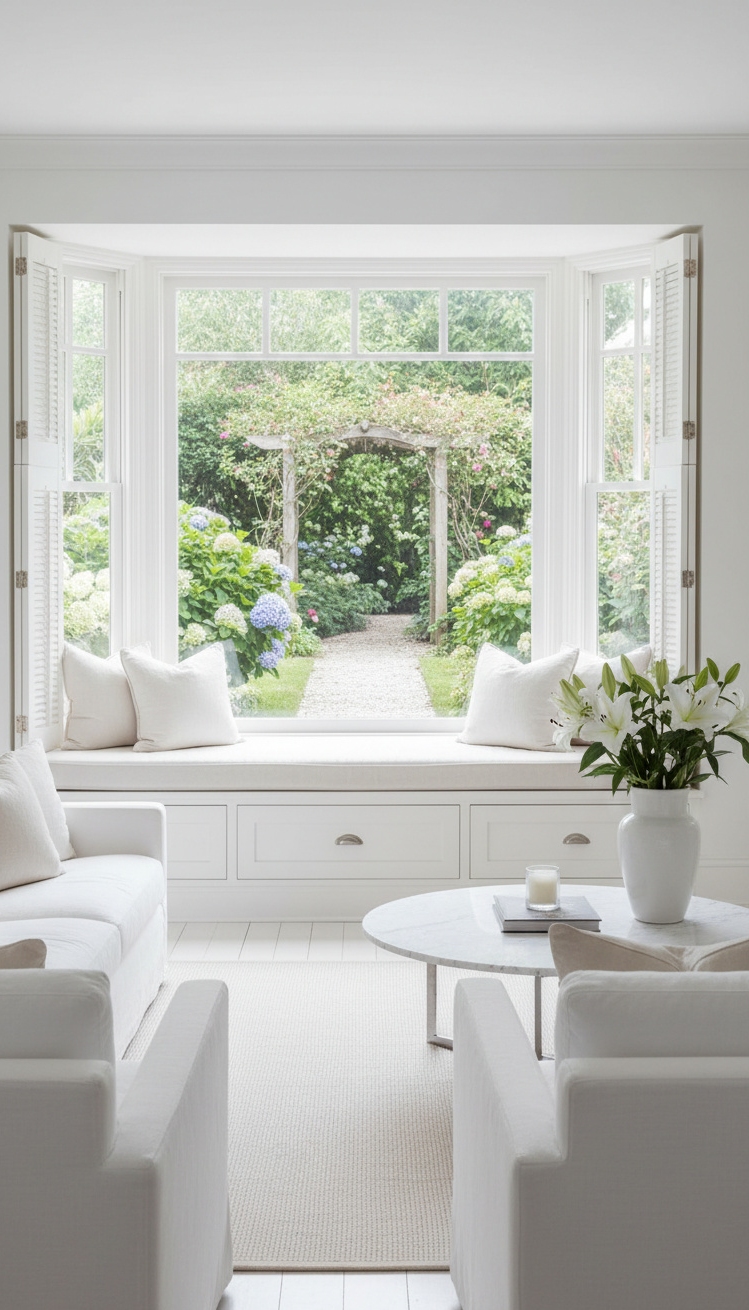 white living room - White Living Room: Bay Window Focus - These cushions soften the window seat, inviting you...