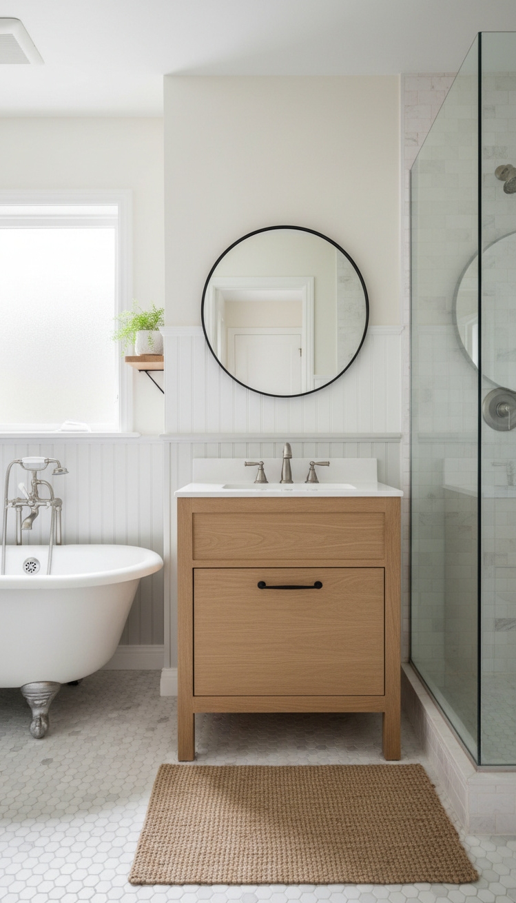 modern cottage vanity - Modern Cottage Vanity: Beadboard & Penny Tile - The modern cottage vanity anchors this small bathroom...
