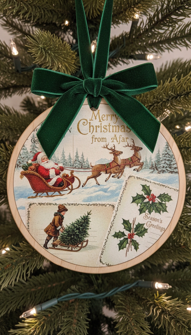 Wood Circle Ornaments - Wood Circle Ornaments: Design Highlights - The vintage postcards steal the show. Aged paper...