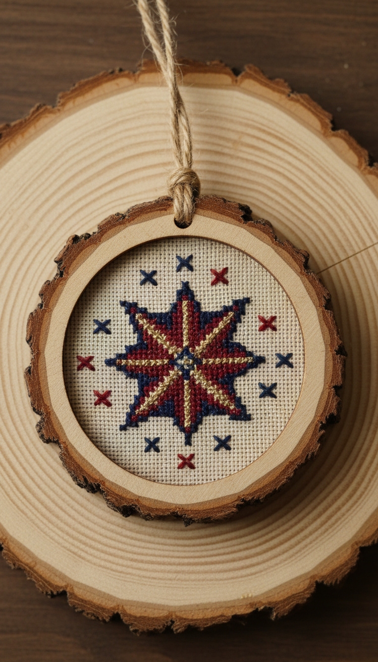 Wood Circle Ornaments - Wood Circle Ornaments: Starry Cross-Stitch - The cross-stitch star centers this wood ornament, its...