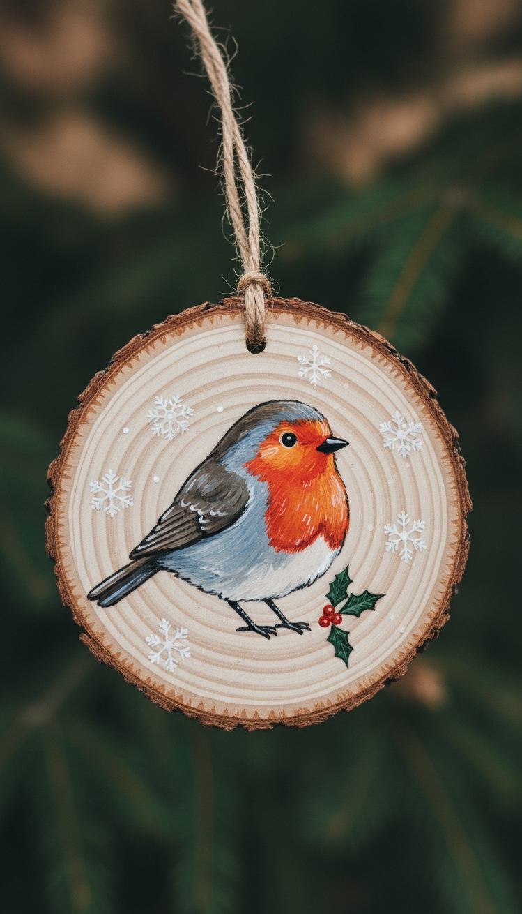 Wood Circle Ornaments - Painted Robin on Wood Slice - These wood slice ornaments feel rustic and personal....