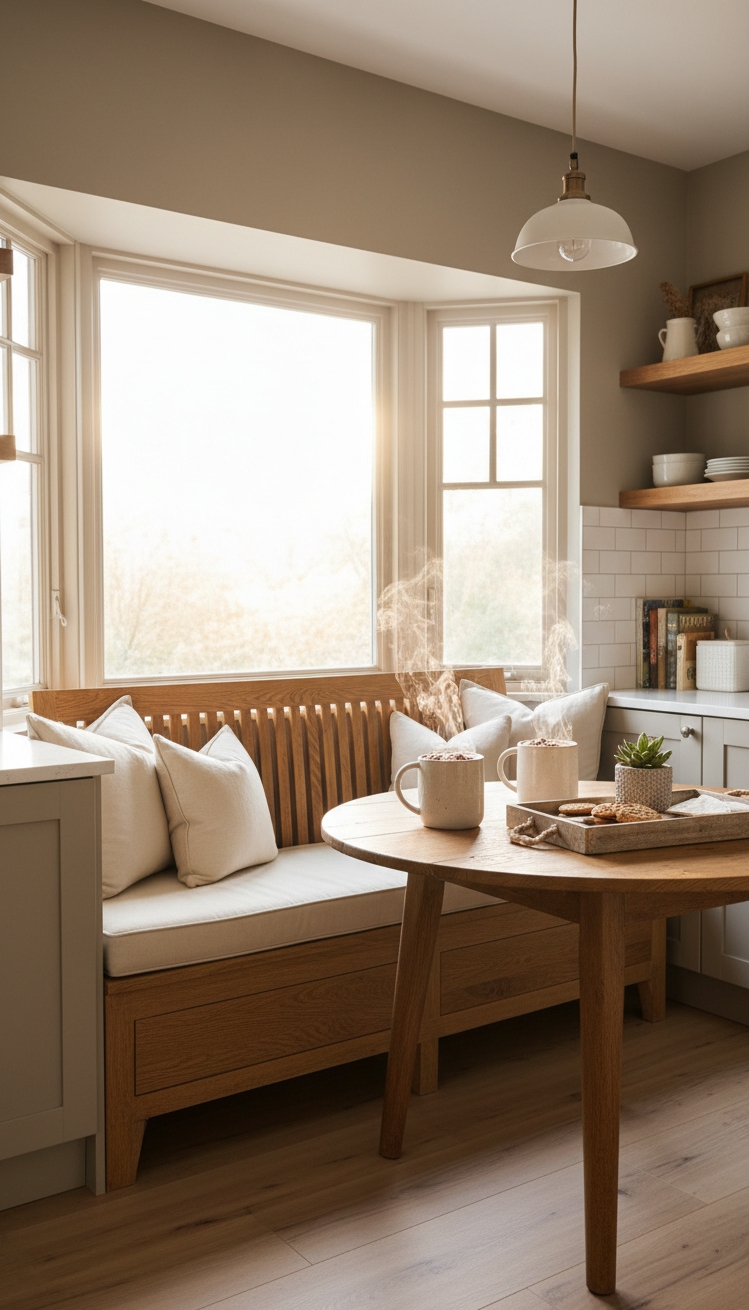 warm neutral kitchen - Warm Taupe Kitchen Nook - The wooden breakfast nook bench grounds this taupe...