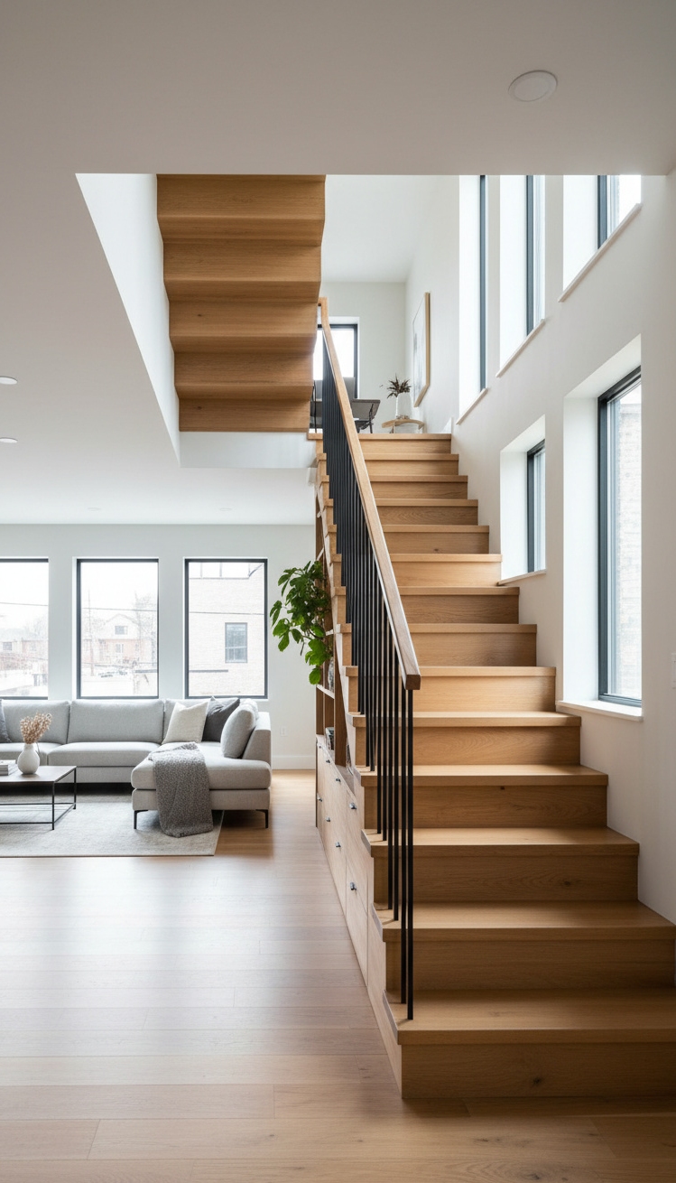 wooden staircase design - Wooden Staircase Design: Modern Ascent - These wooden stairs act as a sculptural spine...