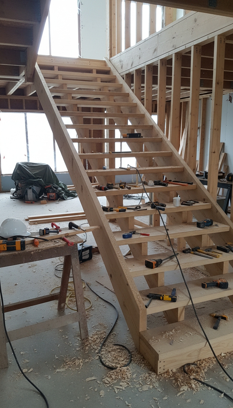 wooden staircase design - Wooden Staircase Design: Form Takes Shape - These wooden stairs, though unfinished, already hint at...