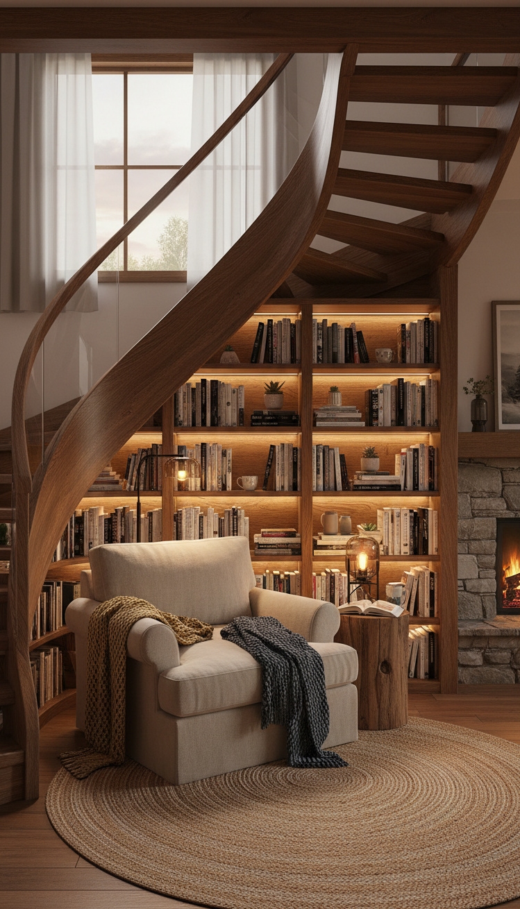 wooden staircase design - Wooden Stairs: Bookshelf Nook Design - These wooden stairs invite you closer. Sunlight streams...