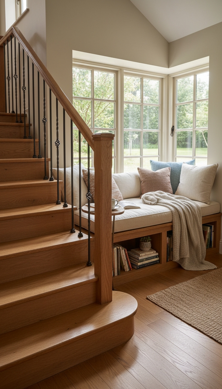 wooden staircase design - Wooden Stairs: Light and Comfort - These wooden stairs curve upward, bathed in light....