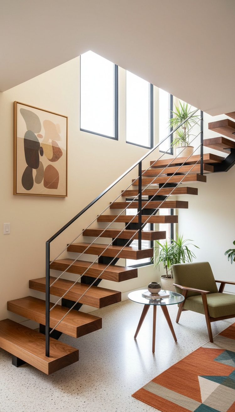 wooden staircase design - Mid-Century Modern Staircase Design - These wooden stairs bring a sense of calm...