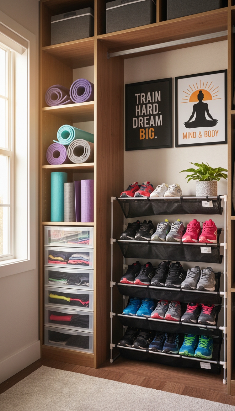 bedroom closet organization - Light-Flooded Workout Closet - Rolled yoga mats in deep blue and lime...