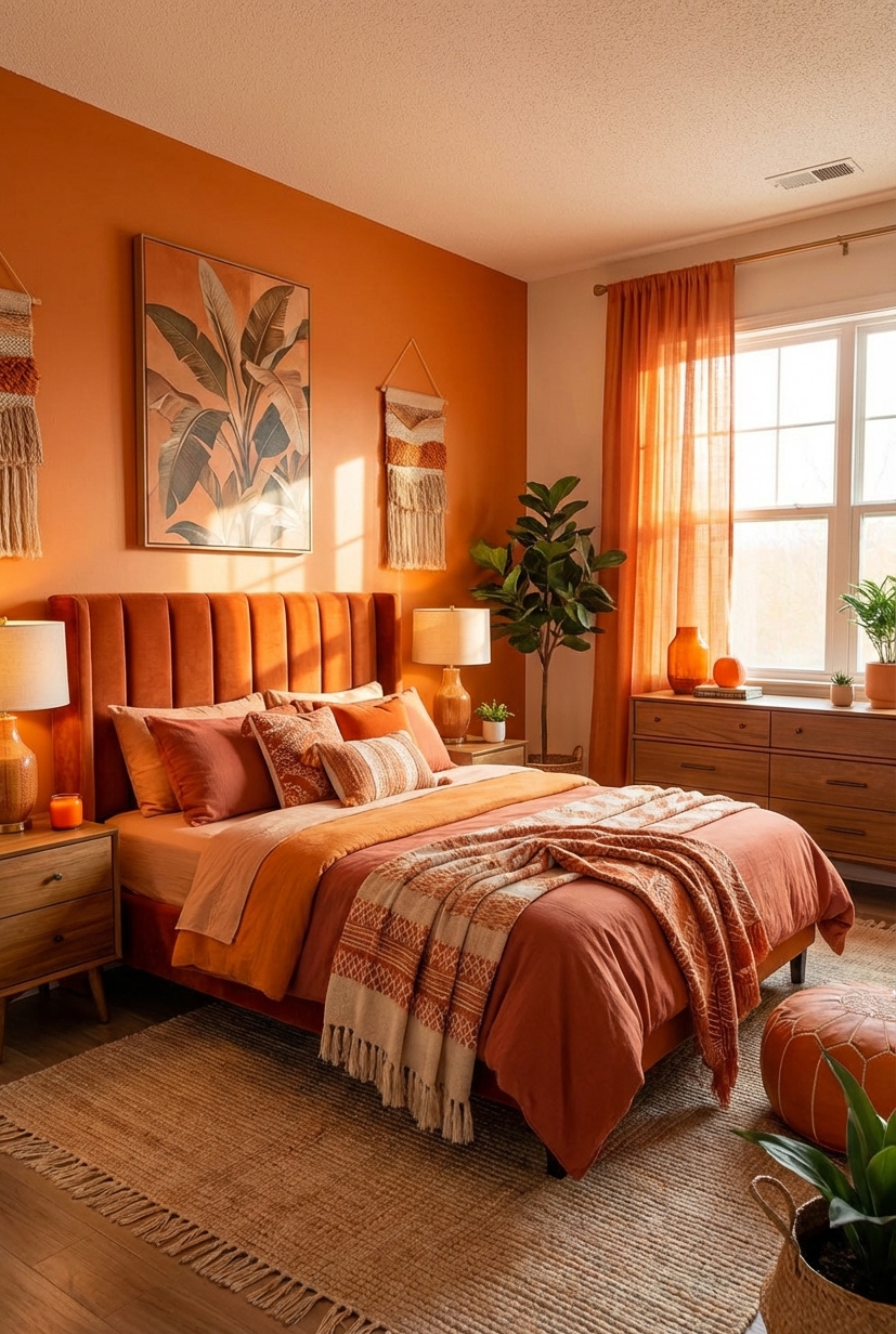 21 Ways to Design Orange Bedrooms - Orange Bedrooms: Sunlight and Linen - These linen drapes filter sunlight into a warm...