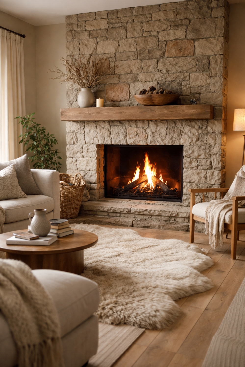 organic neutral living room - Stone Fireplace Commands Neutral Living Room - The stone fireplace commands attention in this angled...